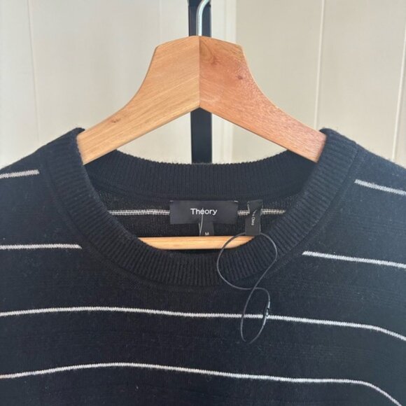 Theory Haider Stripe Cashmere Black Crewneck Sweater Slim Fit Pullover Mens M - Picture 1 of 8
